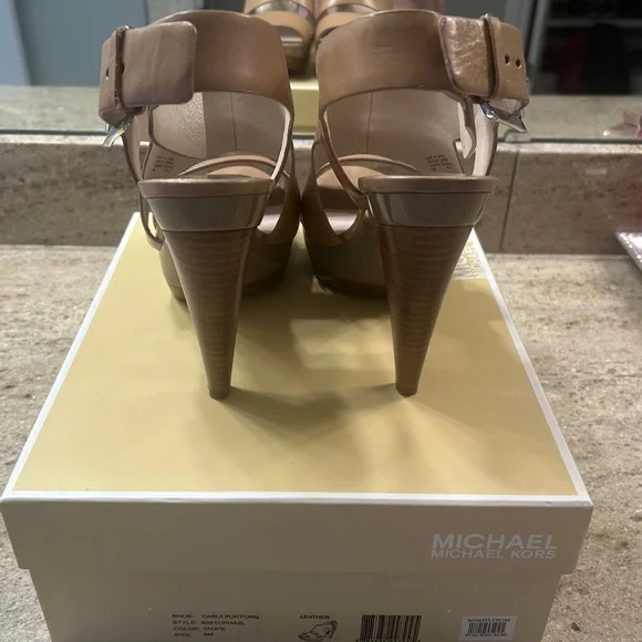 MICHAEL KORS Taupe Stacked Wedged Carla Heels/Sandals - Picture 3 of 5